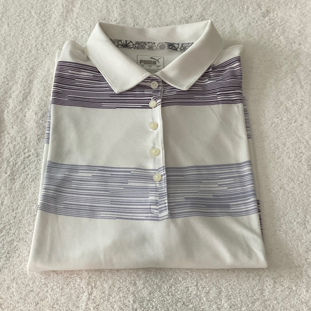 Puma White and Purple Striped Polo